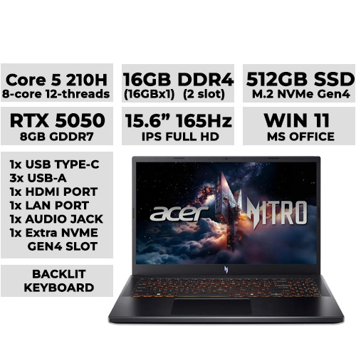 Acer Nitro V ANV15-52-585U Gaming Laptop 15.6" 165hz IPS | Core 5 210H | 16GBx1 DDR4 (2 slot) | 512GB NVMe | RTX 5050 8GB